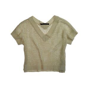 W118 Womens Glittery V-neck Mesh Knit Sweater, Beige, NWT